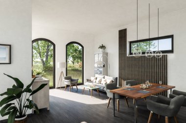 Zeminden tavana pencereleri ve panoramik manzaralı lüks çatı katı dairesi; oturma odası ve yemek odası alanının minimal iç tasarımı; aydınlık gün ışığı; 3D görüntüleme