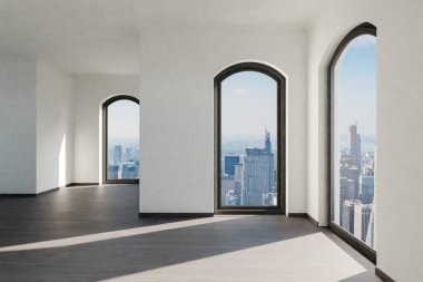 Zeminden tavana pencereleri ve panoramik manzaralı boş lüks çatı katı dairesi; minimal iç tasarım; parlak gün ışığı; 3D görüntüleme