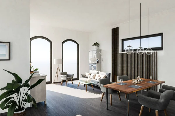 luxurious loft apartment with floor-to-ceiling windows and panoramic view; minimalistic interior design of living room and dining room area; bright daylight; 3D rendering