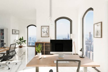 luxurious loft apartment with floor-to-ceiling windows and panoramic view; modern interior design of workspace home office area; bright daylight; 3D rendering