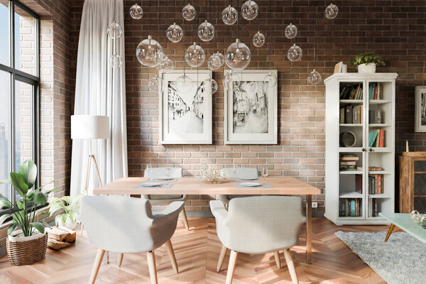 Роскошные апартаменты с окнами от пола до потолка и панорамным видом; современный минималистичный дизайн гостиной; яркий дневной свет; 3D рендеринг