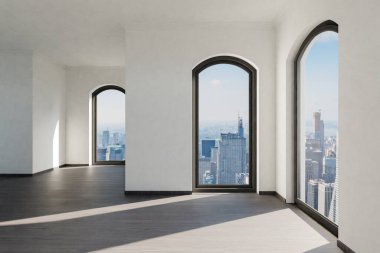 Zeminden tavana pencereleri ve panoramik manzaralı boş lüks çatı katı dairesi; minimal iç tasarım; parlak gün ışığı; 3D görüntüleme