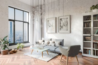 Zeminden tavana pencereleri ve panoramik manzarası olan lüks bir daire; oturma odası ve yemek odasının modern minimal iç tasarımı; parlak gün ışığı; 3D görüntüleme
