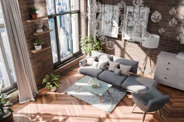 Kanepe iç tasarımı, modern lüks tasarım fikirleri ve kavramları, tavan üzerinde asılı cam lambalar ve panoramik büyük şehir ufuk çizgisi görünümü;