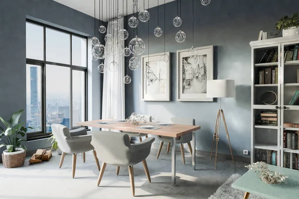 luxurious apartment with floor-to-ceiling windows and panoramic view; modern minimalistic interior design of dining room area; bright daylight; 3D rendering