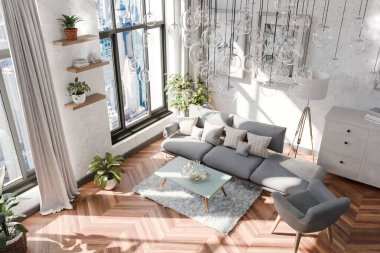 Kanepe iç tasarımı, modern lüks tasarım fikirleri ve kavramları, tavan üzerinde asılı cam lambalar ve panoramik büyük şehir ufuk çizgisi görünümü;