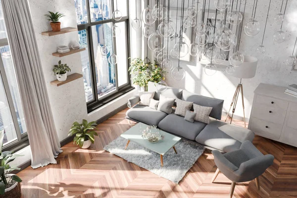 Kanepe iç tasarımı, modern lüks tasarım fikirleri ve kavramları, tavan üzerinde asılı cam lambalar ve panoramik büyük şehir ufuk çizgisi görünümü;