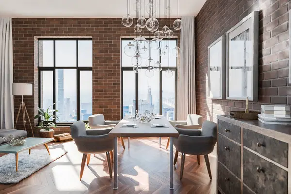 luxurious apartment with floor-to-ceiling windows and panoramic view; modern minimalistic interior design of dining room area; bright daylight; 3D rendering