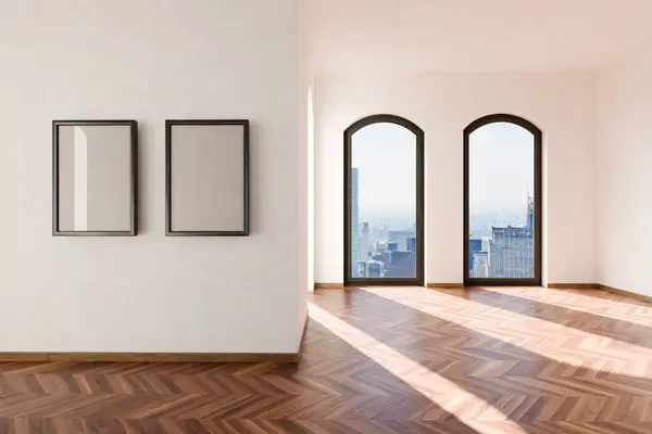 带有地板至天花板窗户和全景的空旷豪华阁楼公寓正面视图 现代室内设计 明亮的日光 3D渲染 图库图片