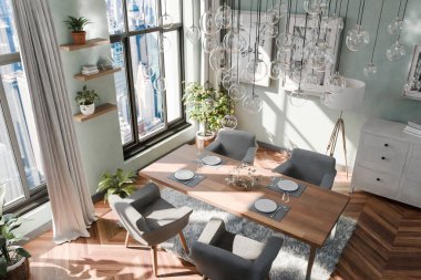 Yemek odasının iç tasarımı, çağdaş lüks tasarım fikirleri ve kavramları; tavana lambalar asmak ve panoramik büyük şehir ufuk çizgisi görüntüsü; 3D görüntüleme