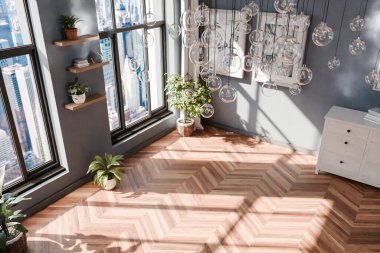 Boş oda iç tasarımı; çağdaş lüks tasarım fikirleri ve kavramları; tavan üzerinde asılı cam lambalar ve büyük şehir ufuk çizgisi görünümü; 3D görüntüleme