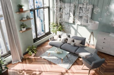 Kanepe iç tasarımı, modern lüks tasarım fikirleri ve kavramları, tavan üzerinde asılı cam lambalar ve panoramik büyük şehir ufuk çizgisi görünümü;