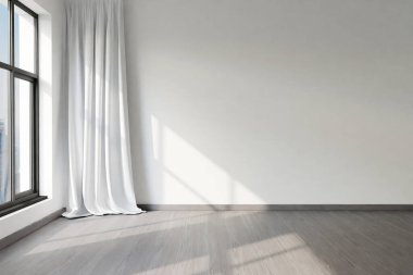 Zeminden tavana kadar uzanan boş modern dairenin ön duvar görünümü; parlak güneş ışığı; 3B görüntüleme