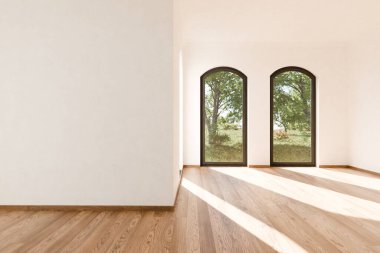 Zeminden tavana pencereli ve panoramik manzaralı boş lüks çatı katı dairesinin ön görünümü; modern iç tasarım; parlak gün ışığı; 3D görüntüleme