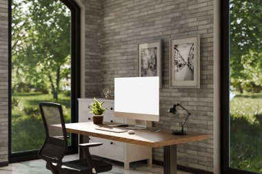 Modern temiz pc işyeri açısından görünüm; kopyalama alanı olan beyaz monitör; cennet bahçesine panoramik görünümlü minimal ofis arkaplanı; ev ofis konsepti; 3D görüntüleme