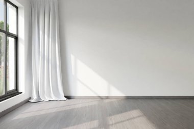 Zeminden tavana kadar uzanan boş modern dairenin ön duvar görünümü; parlak güneş ışığı; 3B görüntüleme