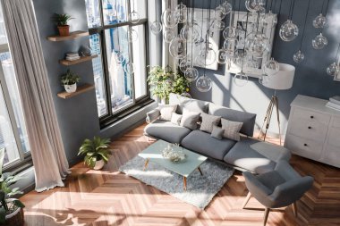 Kanepe iç tasarımı, modern lüks tasarım fikirleri ve kavramları, tavan üzerinde asılı cam lambalar ve panoramik büyük şehir ufuk çizgisi görünümü;