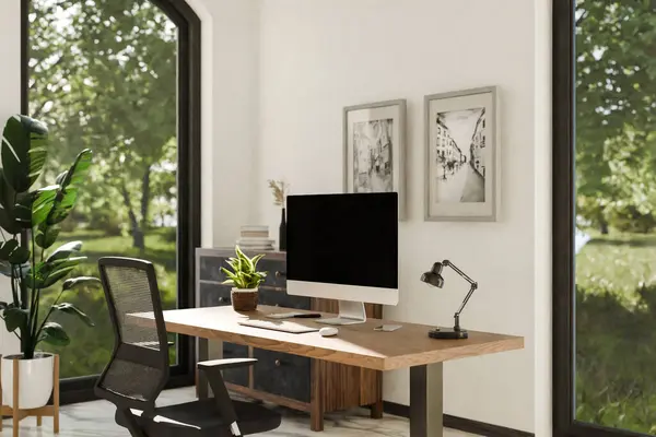 view from angle on modern clean pc workplace; black monitor with copy space; minimalist office background with panoramic view on idyllic garden; home office concept; 3D rendering