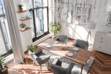 Yemek odasının iç tasarımı, çağdaş lüks tasarım fikirleri ve kavramları; tavana lambalar asmak ve panoramik büyük şehir ufuk çizgisi görüntüsü; 3D görüntüleme