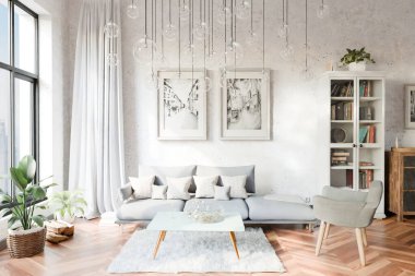 Zeminden tavana pencereli ve panoramik manzaralı lüks bir daire; oturma odası alanının modern minimal iç tasarımı; parlak gün ışığı; 3D görüntüleme