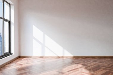 Zeminden tavana kadar uzanan boş modern dairenin ön duvar görünümü; parlak güneş ışığı; 3B görüntüleme