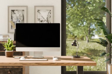 Modern temiz pc işyeri ön görünümü; kopyalama alanı olan siyah monitör; cennet bahçesine panoramik görünümlü minimal ofis arkaplanı; dijital ev ofis kavramı; 3D görüntüleme