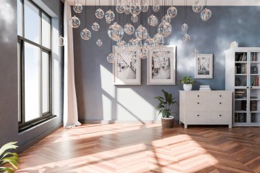 Zeminden tavana pencereleri ve panoramik manzaralı lüks çatı katı dairesi; oturma odası alanının minimal iç tasarımı; parlak gün ışığı; 3D görüntüleme