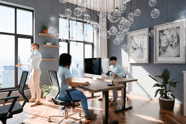 modern office with team of it professionals; with floor-to-ceiling windows and panoramic view; modern interior design of workspace, top down view, home office area; bright daylight; 3D rendering