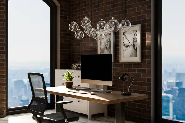 view from angle on modern clean pc workplace; black monitor with copy space; minimalist office background with panoramic view on big city skyline; digital home office concept; 3D rendering