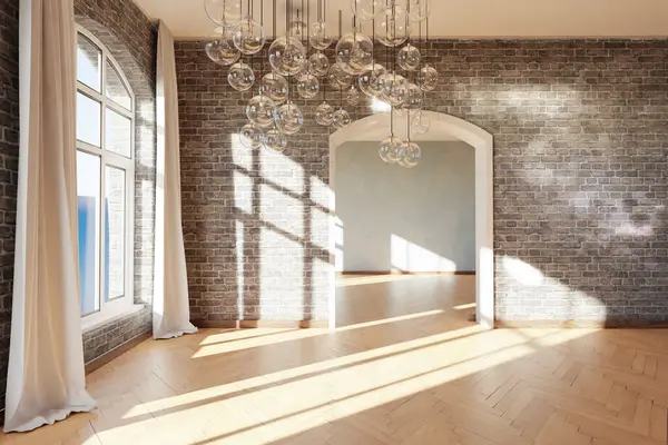 ダイニングルームのインテリアデザイン 現代的な豪華なデザインのアイデアとコンセプト 天井とパノラマの街のスカイラインビューにランプを掛ける 3Dレンダリング ストック写真
