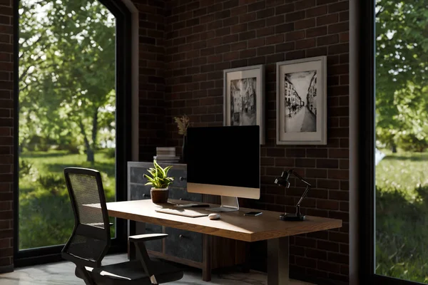 view from angle on modern clean pc workplace; black monitor with copy space; minimalist office background with panoramic view on idyllic garden; home office concept; 3D rendering