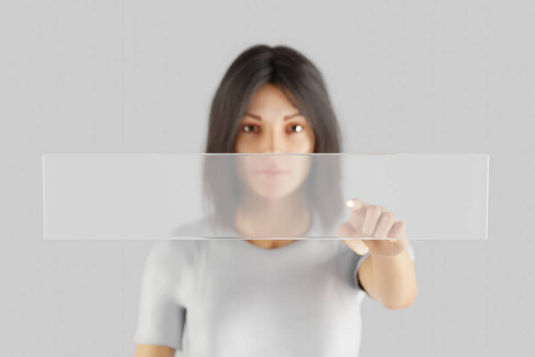 woman pointing finger on empty text search box copy space; concept ai search engine on infinite background; 3D Rendering