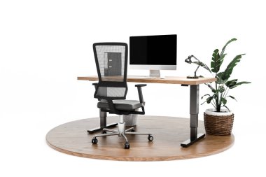 tek pc çalışma alanı ile hight ayarlanabilir masa; ahşap poest kapalı bitki, sonsuz arka plan izole; ev ofis konsepti; 3D kırmızılaştırma