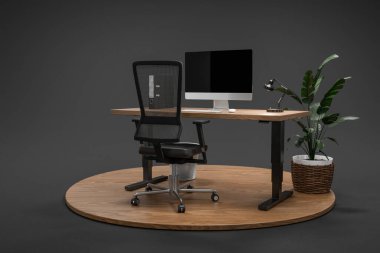 tek pc çalışma alanı ile hight ayarlanabilir masa; ahşap poest kapalı bitki, sonsuz arka plan izole; ev ofis konsepti; 3D kırmızılaştırma
