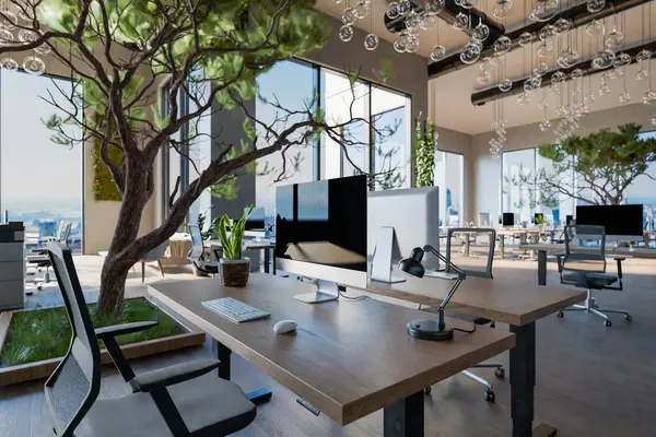 技術産業の職場および緑が付いている革新的なオープンスペース オフィス 環境に優しい現代建築 3Dレンダリング ストック写真