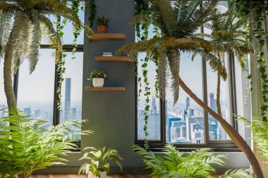 görünüm kapalı orman ortamı; kentsel orman doğa konsepti; dijital ev ofisi konsepti; 3D görüntüleme