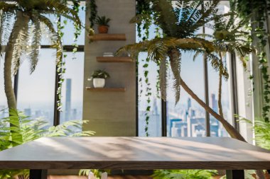 Kapalı orman ortamında bilgisayar işyeri ön görünümü; kopyalama alanı olan beyaz monitör; kentsel orman doğası kavramı; dijital ev ofis kavramı; 3D canlandırma