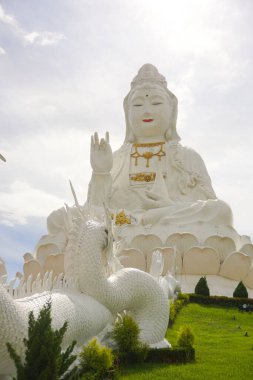 Wat Huay Pla Kang, Tayland 'daki Kızıl Tapınağın yanındaki Buda heykeline bakıyorum.