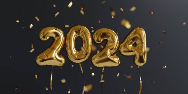 Mutlu yıllar 2024. Yılbaşı balonları. Altın balonların üzerine parlak bir konfeti düştü. 3 boyutlu görüntüleme. 3B illüstrasyon.