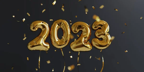 Happy New Year 2023. New Year balloons. Shiny confetti falling down over golden balloons. 3D render. 3D illustration.