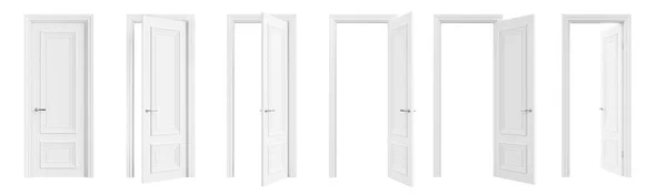 Set White Doors Various Stages Opening Isolated White Background Render — Stock Photo, Image