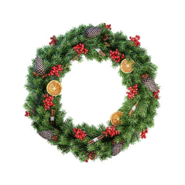 Beyaz arka planda izole edilmiş Noel çelengi. Noel süsü. 3 Boyutlu Hazırlama.