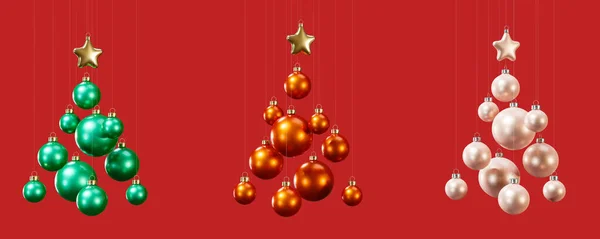 Набор Рождественских Пузырей Образующих Форму Рождественской Ёлки Изолированный Красном Фоне — стоковое фото