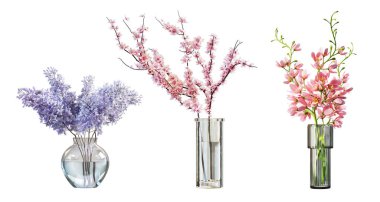 Cam vazolarda bir demet bahar çiçeği, beyaz arka planda izole. 3 Boyutlu Hazırlama.