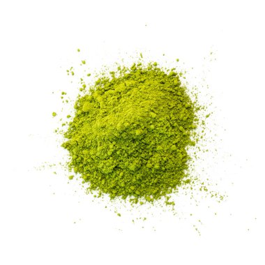 Beyaz arka planda izole edilmiş toz kibrit çayı yığını. Üst görünüm.