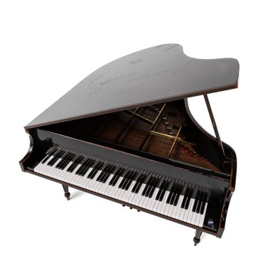 Beyaz arka planda izole edilmiş eski, çizik kuyruklu piyano. 3 Boyutlu Hazırlama.