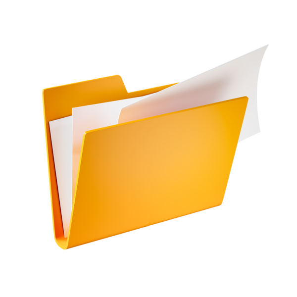 Şeffaf arkaplanda izole edilmiş içinde kağıt olan sarı dosya klasörü simgesi. 3 Boyutlu Hazırlama.