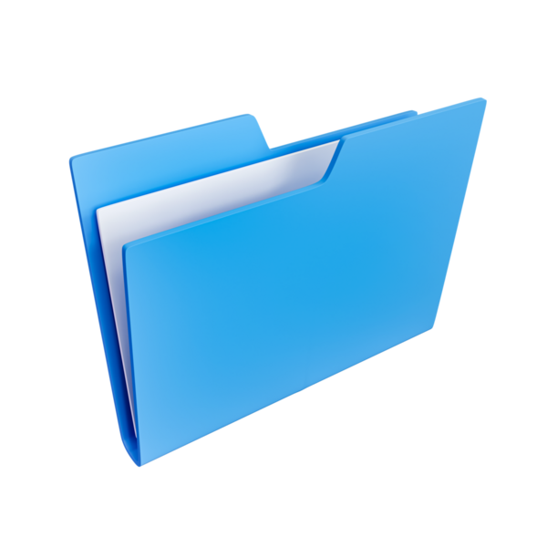 Şeffaf arkaplanda izole edilmiş, içinde kağıt olan mavi dosya klasörü simgesi. 3 Boyutlu Hazırlama.