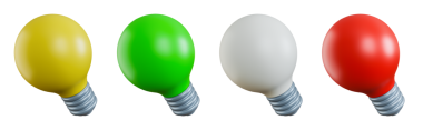 Şeffaf arkaplanda farklı renklerde izole edilmiş ampul simgesi. 3 boyutlu görüntüleme. 3B illüstrasyon.