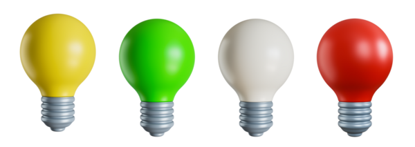 Şeffaf arkaplanda farklı renklerde izole edilmiş ampul simgesi. 3 boyutlu görüntüleme. 3B illüstrasyon.